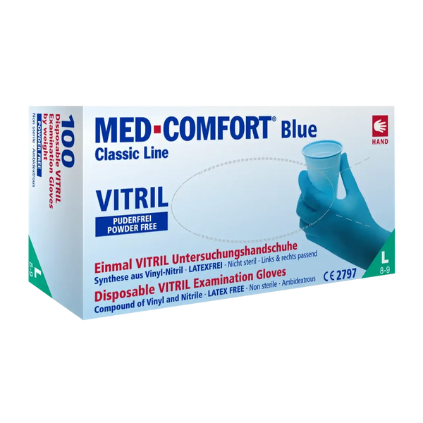 Перчатки медицинские синтетические нитрилово-виниловые (ввитрил) AMPri MedComfort Vitryle (Vinyl Sinthetic), 100 шт, синие 01253-S фото